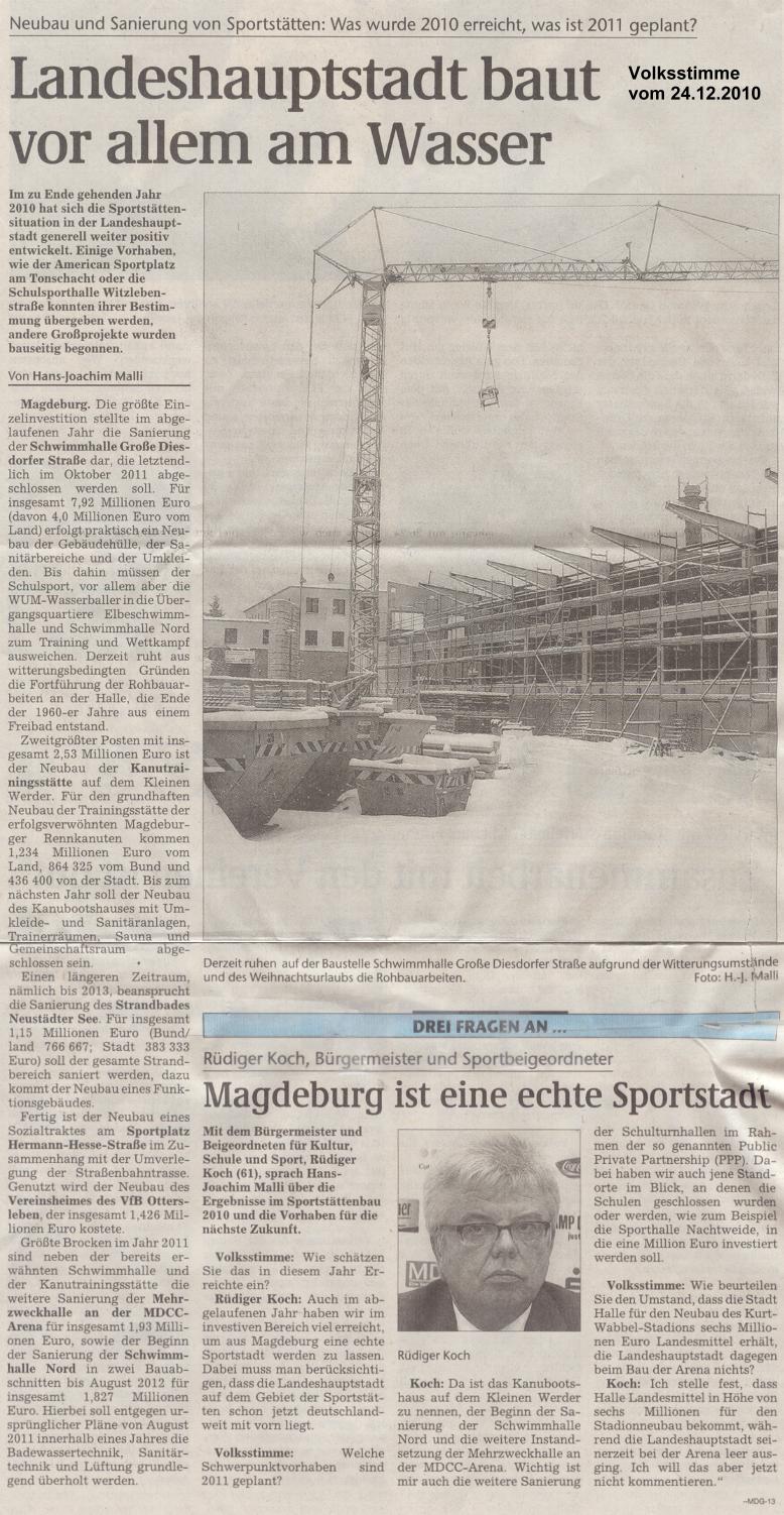 Neubau und Sanierung von Sportsttten: Was wurde 2010 erreicht, was ist 2011 geplant? Landeshauptstadt baut vor allem am Wasser.