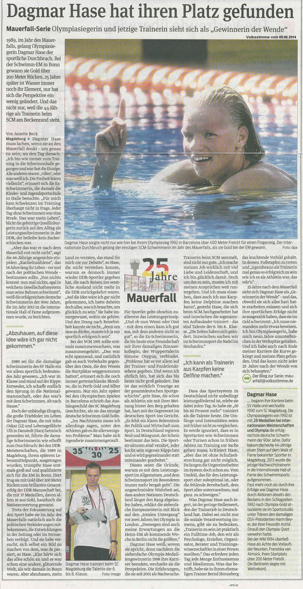 Olympiasiegerin sieht sich als ''Gewinnerin der Wende'' - Dagmar Hase hat ihren Platz gefunden Volksstimme vom 09.08.2014