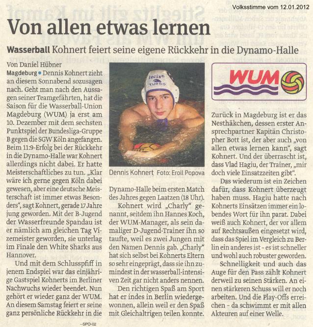 Wasserball Kohnert feiert seine eigene Rckkehr in die Dynamo-Halle, Von allen etwas lernen Volksstimme vom 12.01.2012