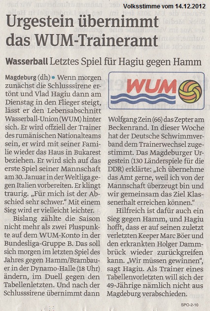 Wasserball: Letztes Spiel fr Hagiu gegen Hamm - Urgestein bernimmt das WUM-Traineramt Volksstimme vom 14.12.2012