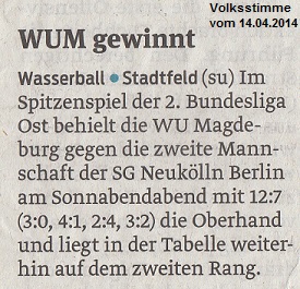WUM gewinnt Volksstimme vom 14.04.2014