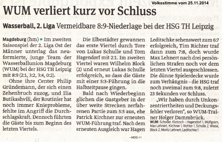 Wasserball, 2.Liga Vermeidbare 8:9-Niederlage bei der HSG TH Leipzig - WUM verliert kurz vor Schluss Volksstimme vom 25.11.2014