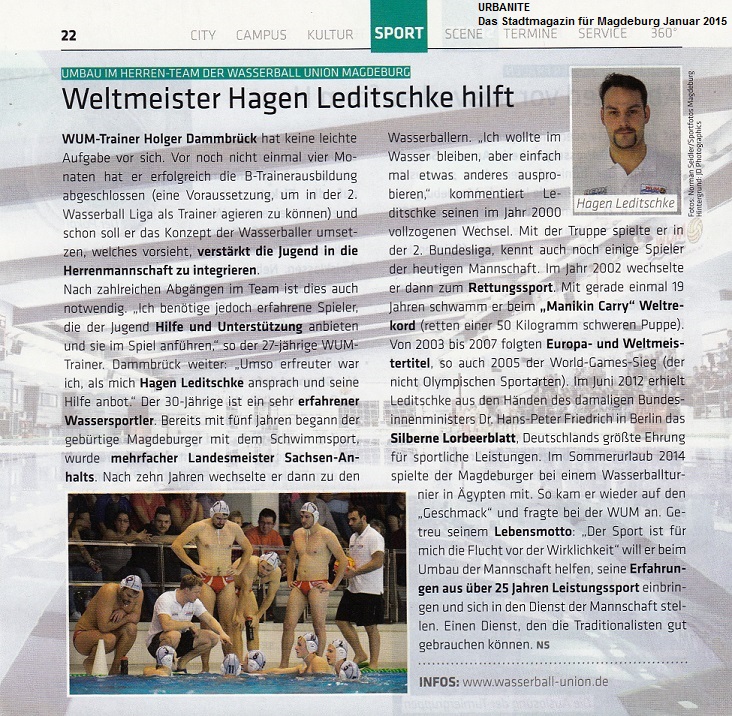 Wasserball, Umbau Herren-Team der Wasserball Union Magdeburg - Weltmeister Hagen Leditschke hilft URBANITE Das Stadtmagazin fr Magdeburg Januar 2015