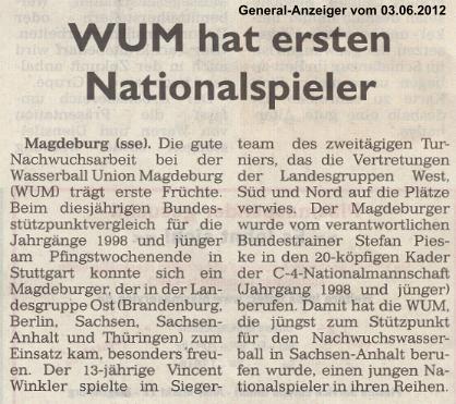 WUM hat ersten Nationalspieler General-Anzeiger vom 03.06.2012