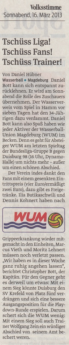 Tsch�ss Liga! Tsch�ss Fans! Tsch�ss Trainer! Volksstimme vom 16.03.2013