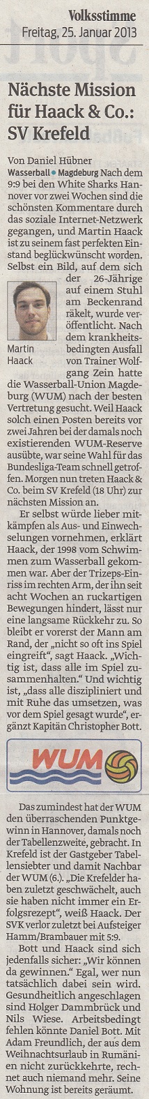 N�chste Mission f�r Haack & Co.: SV Krefeld Volksstimme vom 25.01.2013